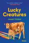 „an entirely original voice“ —Alexander Chee. Lucky Creatures. Joseph Trinidad. Essays. Kuh und Kalb, bunte Streifen, blauer Hintergrund.