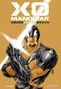 "X-O Manowar Black White & Gold". Illustration eines gepanzerten Kriegers mit leuchtendem Schwert auf gelbem Hintergrund., Buch