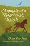 „Animals of a Sagebrush Ranch“ von Alice Day Pratt. Vorwort von Rosanne Parry. Silhouetten von Hund und Pferd auf grüner Wiese., Buch