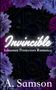 "Invincible: Inhuman Protectors Romance" steht in leuchtender Schrift, umgeben von violetten und lila Blüten., Buch