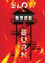Text: "SLOW BURN" und "KATY GRANT". Illustration: Ein Beobachtungsturm vor rotem Hintergrund mit Flammen., Buch