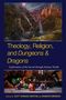 "Theology, Religion, and Dungeons & Dragons" in gelb auf blau. Illustration: Fantasy-Landschaft mit Drache und Ritter., Buch
