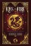 "Oberer Text: KISS OF FIRE. Goldener Drache, keltische Muster, Flammen und Sterne."