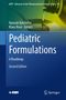 "Pediatric Formulations: A Roadmap, Second Edition" steht auf einem blauen Buchcover mit einem Löffel, aus dem Flüssigkeit gegossen wird.