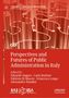 "Perspectives and Futures of Public Administration in Italy" vor rotem Hintergrund mit abstrakten Linien und Logos unten., Buch