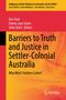 Text: "Barriers to Truth and Justice in Settler-Colonial Australia. Why Won’t Settlers Listen?" Hintergrund: Abstrakte rote und orange Wellen., Buch