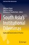 Buchtitel: "South Asia’s Institutional Dilemmas". Gelbe und dunkelblaue Farbverläufe, Punkte bilden eine Asienkarte., Buch
