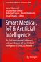 "Smart Medical, IoT & Artificial Intelligence" in weiß auf rotem Hintergrund, abstrakte Moleküldarstellung.