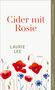 "Cider mit Rosie", Laurie Lee, Roman. Illustration mit roten Mohnblumen und blauen Kornblumen auf weißem Hintergrund., Buch