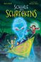 "Schule des Schreckens", „Nachsitzen um Mitternacht“. Gruselige Illustration mit Kindern und Geisterfigur auf einem Friedhof., Buch