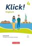 „Klick! Englisch 4“, Arbeitsheft mit Audios. Zwei Personen, Freiheitsstatue und ein Schiff im Hintergrund. Cornelsen-Logo., Buch