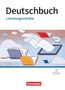 „Deutschbuch Literaturgeschichte“ oben, Logo „Cornelsen“ unten. Illustration: fliegende Bücher und Blätter., Buch