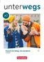 „unterwegs A2, Deutsch für Alltag, Uni und Beruf, Testheft“. Zwei lachende Menschen, beide essen im Freien. Cornelsen Logo., Buch
