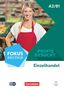 A2/B1, FOKUS DEUTSCH, PROFIS GESUCHT, Einzelhandel. Frau in roter Schürze vor verschwommenem Supermarkt-Hintergrund., Buch