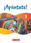 Text: "¡Apúntate!", "1", "Cornelsen".  
Bunt bemaltes Gebäude mit Fenster, Gelb- und Rottöne., Buch
