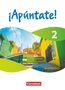 „¡Apúntate! 2“ und „Cornelsen“ oben und unten. Bunte Treppe mit farbenfrohen Gebäuden., Buch