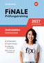 „FINALE Prüfungstraining“ oben, „Zentralabitur Mathematik“ in Rot, darunter Auflistung; Frau mit „f(x)“-Shirt lächelnd rechts., 1 Buch und 1 Diverse