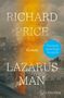 Titel "Lazarus Man" von Richard Price, gelb-orange Qualm, deutscher Roman, blaues Label, Stadt-Silhouette im Hintergrund., Buch