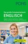 Logo: PONS. Text: Das große Schulwörterbuch ENGLISCH. Junge Frau mit Büchern, gelbes Schild: Wörterbuch-App 100 % offline., 1 Buch und 1 Diverse