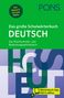 Text: "Das große Schulwörterbuch DEUTSCH" und "Wörterbuch-App 100 % offline". Grün-blaues Design mit grafischen Elementen., 1 Buch und 1 Diverse