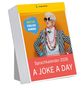 "Sprachkalender 2026: A Joke a Day. Best of English Humor!" zeigt stilvolle ältere Person mit Sonnenbrille auf gelbem Hintergrund., Kalender