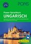 "Power-Sprachkurs UNGARISCH. Intensivkurs, Niveau A1–A2. Leuchtendes Parlamentsgebäude bei Nacht am Wasser."