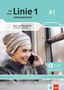 „Die neue Linie 1 international A1“ Text auf türkisfarbenem Hintergrund, lächelnde Frau telefoniert am Fenster., 1 Buch und 1 Diverse