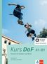 „Kurs DaF A1–B1: Deutsch für Studium und Beruf“. Zwei Personen springen dynamisch in den Himmel., 1 Buch und 1 Diverse