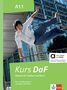 A1.1, Kurs DaF: Deutsch für Studium und Beruf. Enthält Lizenzschlüssel. Person springt, modernes Gebäude im Hintergrund., 1 Buch und 1 Diverse