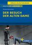 Text: "KÖNIGS ERLÄUTERUNGEN, ANALYSE | INTERPRETATION, Friedrich Dürrenmatt, DER BESUCH DER ALTEN DAME, E-BOOK." Frau steht, Mann kniet., Buch