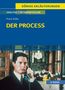 Texte: "KÖNIGS ERLÄUTERUNGEN", "ANALYSE/INTERPRETATION", "Franz Kafka", "DER PROCESS". Mann im Anzug mit Telefon., Buch