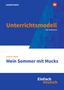 „Unterrichtsmodell, Mein Sommer mit Mucks,“ von Stefanie Höfler. Blau, orange und weißes Design mit Logo., Buch