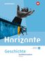 Text: "Horizonte Geschichte Qualifikationsphase Hessen". Eine Hand hält eine Menschengruppe, daneben springen zwei Personen., Buch