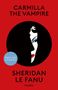 CARMILLA THE VAMPIRE in Schwarz auf Rot, Illustration eines Gesichts teils im Schatten, markante rote Lippen., Buch