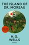 "The Island of Dr. Moreau" von H.G. Wells. Reclam Stories. Illustration: Üppiger Wald mit roter Sonne und exotischen Blumen., Buch