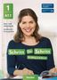 „1 A1.1“, „Kurs- und Arbeitsbuch“, „Deutsch als Zweitsprache“. Eine lächelnde Frau sitzt am Tisch mit Bürobedarf., 1 Buch und 1 Diverse