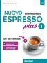 "NUOVO ESPRESSO plus 1," ein Italienischkursbuch, Lehr- und Arbeitsbuch, mit interaktiver Version und Übungen. Bild einer Espresso-Tasse., 1 Buch und 1 Diverse