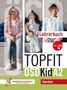 Lehrerbuch, TOPFIT ÖSD Kid A2, drei lachende Kinder mit Büchern auf den Köpfen, Hüben Logo in Rot., 1 Buch und 1 Diverse