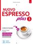 "NUOVO ESPRESSO plus 3, CORSO DI ITALIANO." Ein weißes Logo mit einer Espresso-Tasse auf einem Unterteller., 1 Buch und 1 Diverse