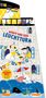 "Mumin und der Leuchtturm". Illustrationsstil mit Mumins auf einem Leuchtturm, bunte Flaggen, Meerestiere, Figuren in Fenstern., Buch