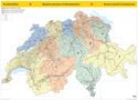 Postleitzahlen der Schweiz. Bunte Karte mit nummerierten Regionen von 1 bis 9. Markiert durch kantonale Umrisse., Karten