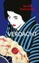 Text: "Seichō Matsumoto, VERDACHT". Illustration einer Frau im Kimono mit Fächer, rote Lippen und schwarzes Haar., Buch