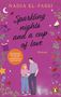 Titel: "Sparkling nights and a cup of love". Autor: Nadia El-Fassi. Illustration: Paar, Katze, Tasse, Cupcake, Blätter., Buch