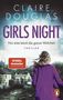 Text: "Claire Douglas, Girls Night, Nur eine kennt die ganze Wahrheit, Thriller, SPIEGEL Bestseller". Eine Frau in lila Mantel vor einem Haus., Buch