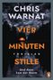 "CHRIS WARNAT VIER MINUTEN STILLE Thriller Und dann kam der Sturm." Dunkle Wolken, Blitze, Zelt und Bäume, Logo unten., Buch