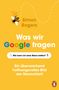 "Was wir Google fragen", Bienenillustration, Suchleiste mit Frage und Mikrofon, gelber Hintergrund, Pinguin-Logo unten rechts.