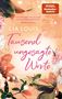 Lia Louis’ Buch "Tausend ungesagte Worte". Zitate und farbige Blumen auf hellorangem Hintergrund. Pinguin-Logo unten rechts., Buch