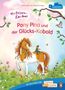 „Pony Pina und der Glücks-Kobold“. Ein Pony mit Kleeblatt im Maul, ein Kobold auf seinem Rücken, umgeben von Blumen., Buch