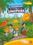 „Klassenfahrt zum Dinopark“, vier Kinder im Dschungel, große Dinosaurier und Palmen, bunte, freundliche Illustration., Buch