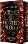 Text: "Ava Reed, Witches of Hunted Blood." 
Gestaltung: Rot-schwarze Töne mit Flammen und Schwertmotiv., Buch